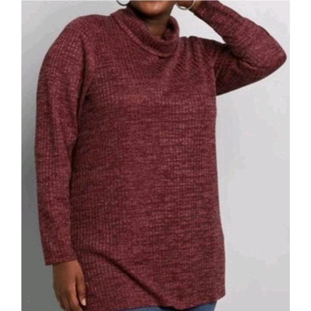 Lane Bryant Burgundy Metallic Stitch Cowl Neck Knit Tunic Top